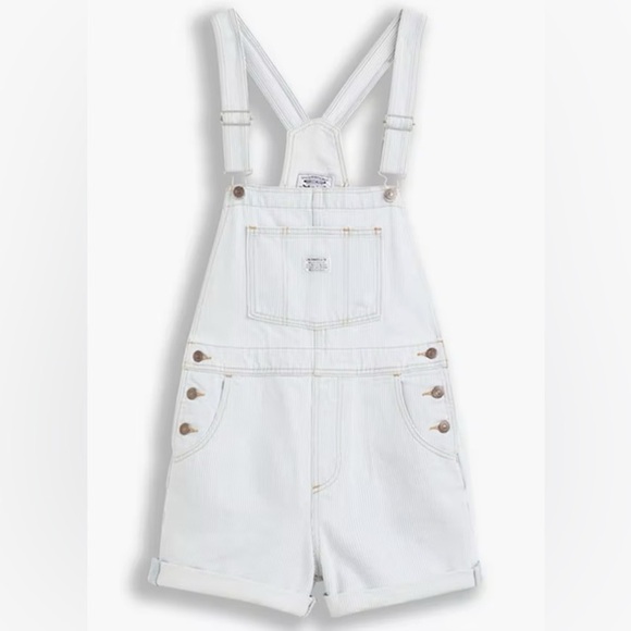 LEVI’S Vintage Style Denim Shortall NWT Stripey Blue Overall Shorts - Picture 8 of 9